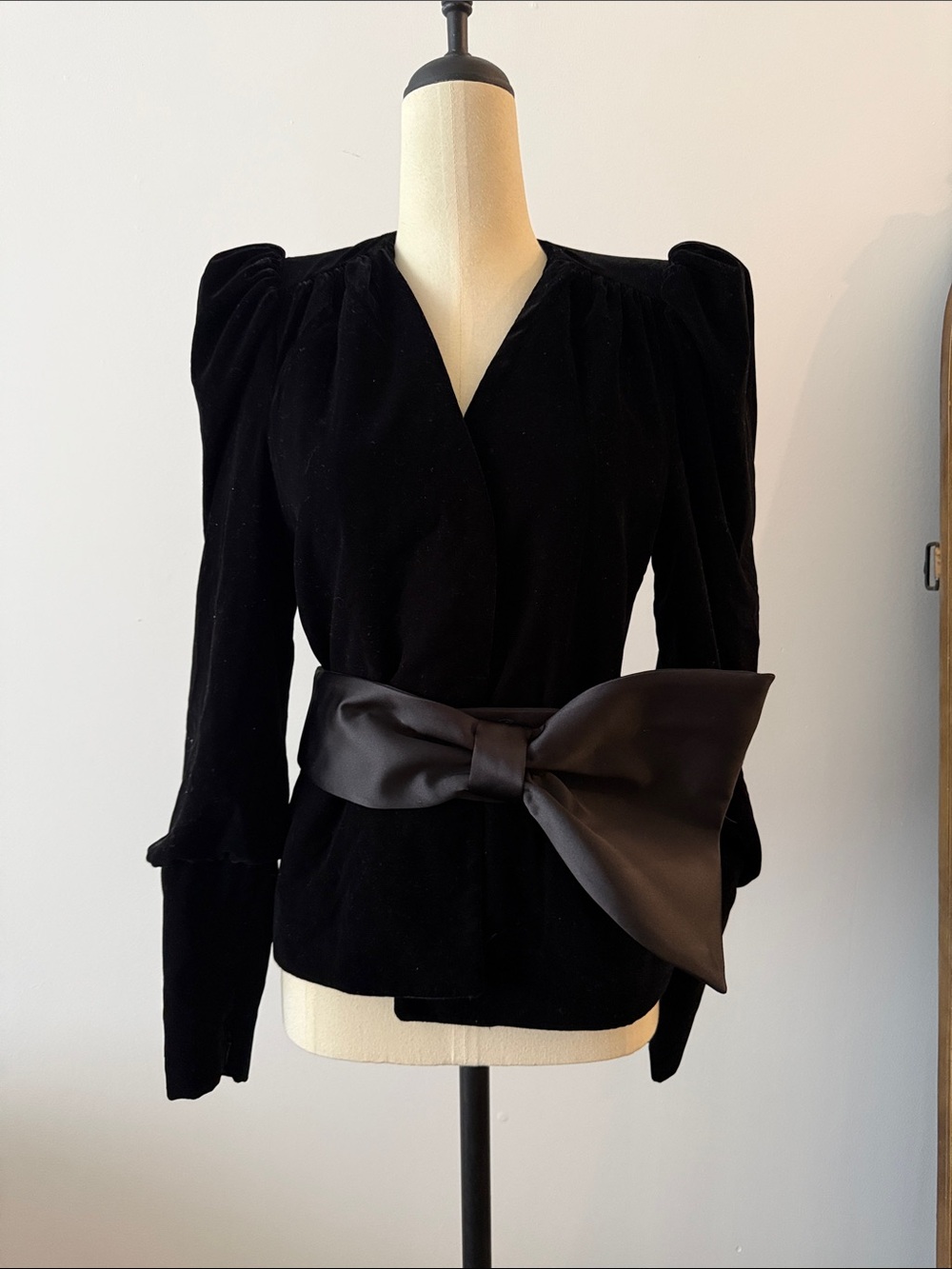Zara Velvet Puff-Sleeve Wrap Top with Satin Bow - Picture 1 of 8